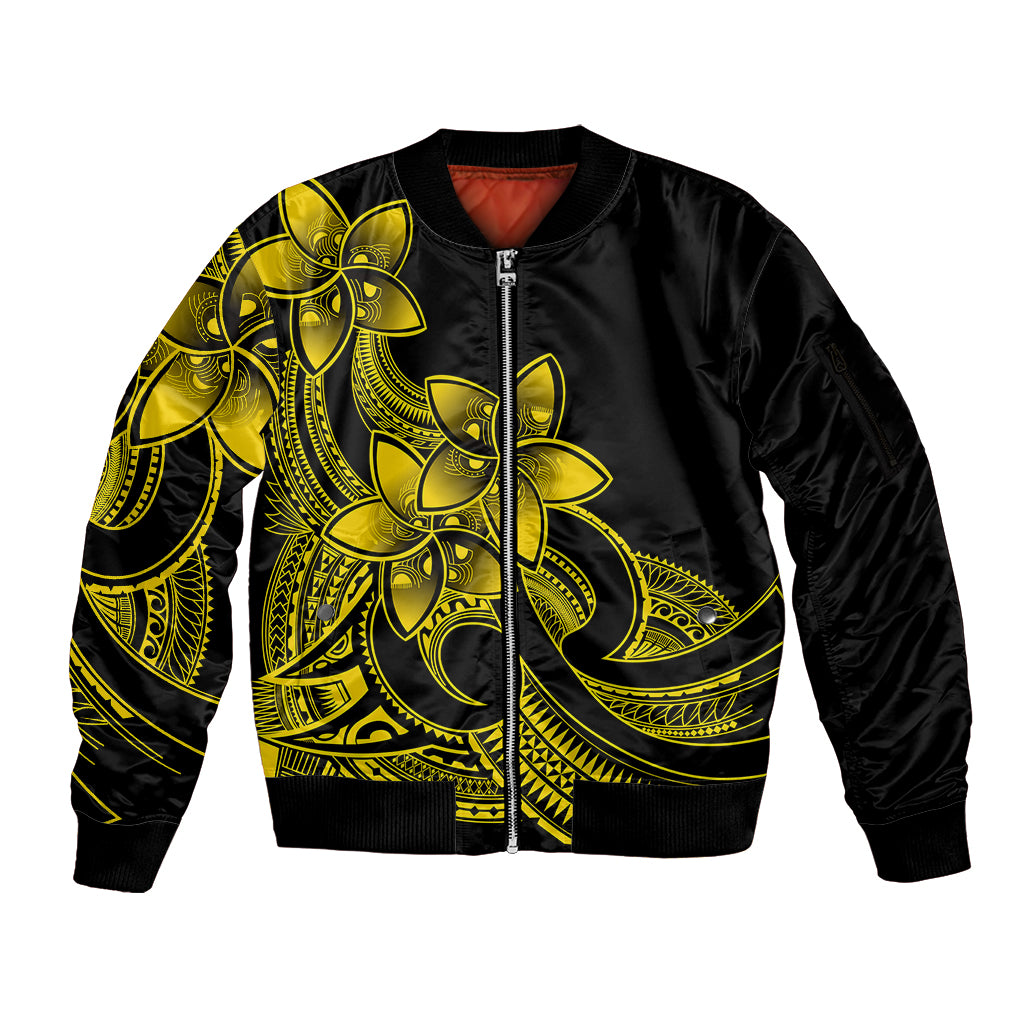 Polynesian Pride Plumeria Flowers Sleeve Zip Bomber Jacket Polynesian Tribal Yellow Vibe LT9 Unisex Yellow - Polynesian Pride