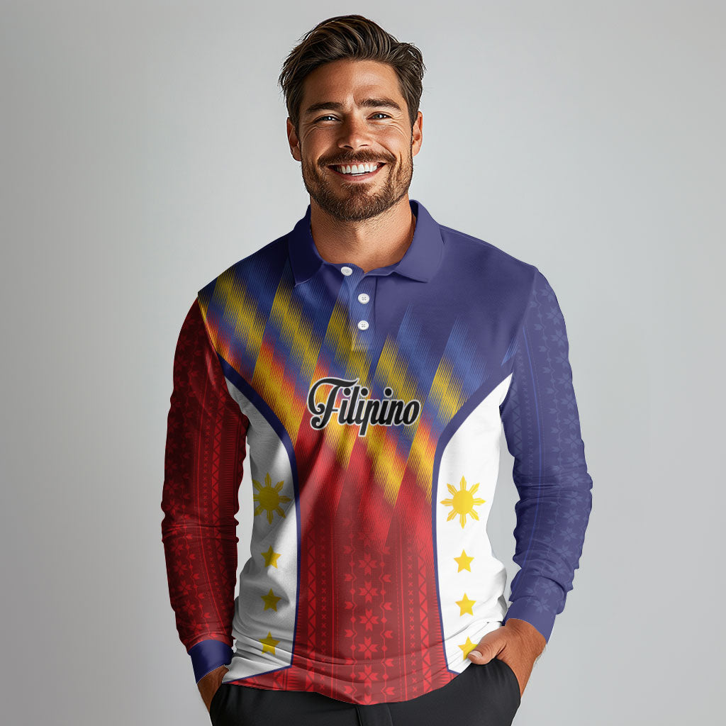 Personalized Philippines Eight Rays Sun Long Sleeve Polo Shirt Traditional Filipino Igorot Pattern Motif