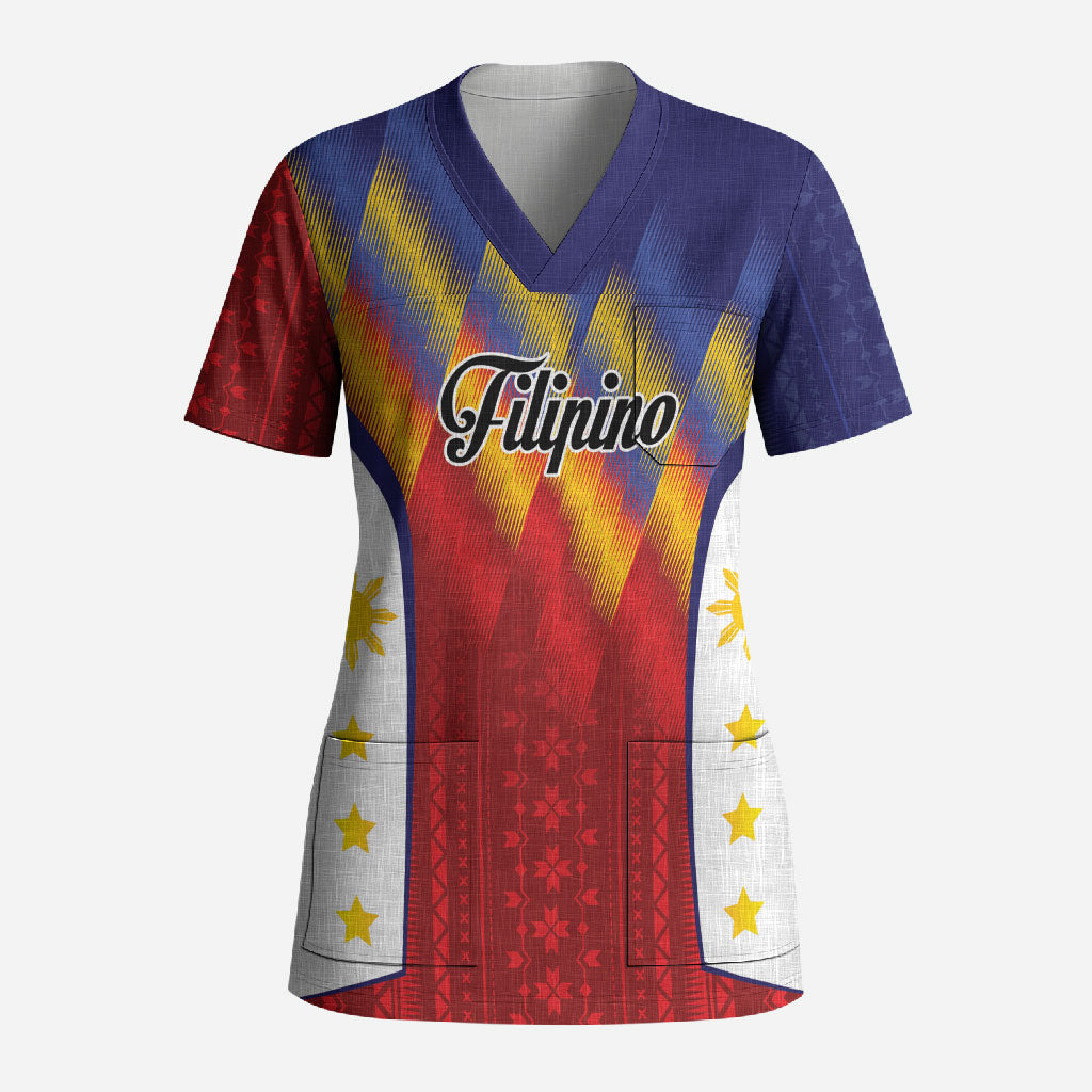 Personalized Philippines Eight Rays Sun Scrub Top Traditional Filipino Igorot Pattern Motif LT9 Adult Red - Polynesian Pride