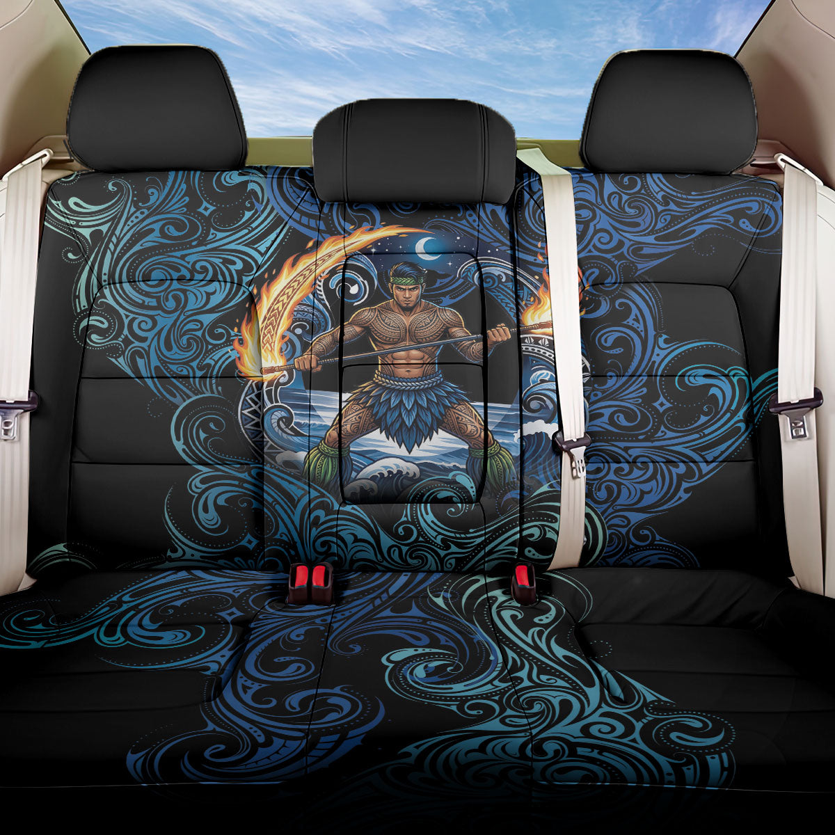 Samoa Siva Afi Back Car Seat Cover Fireknife Fire Dance Pacific Tribal Motif