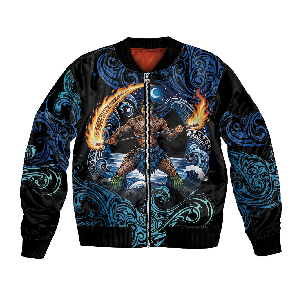 Samoa Siva Afi Bomber Jacket Fireknife Fire Dance Pacific Tribal Motif LT9 Unisex Blue - Polynesian Pride
