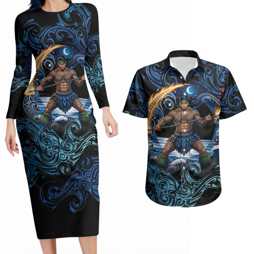 Samoa Siva Afi Couples Matching Long Sleeve Bodycon Dress and Hawaiian Shirt Fireknife Fire Dance Pacific Tribal Motif