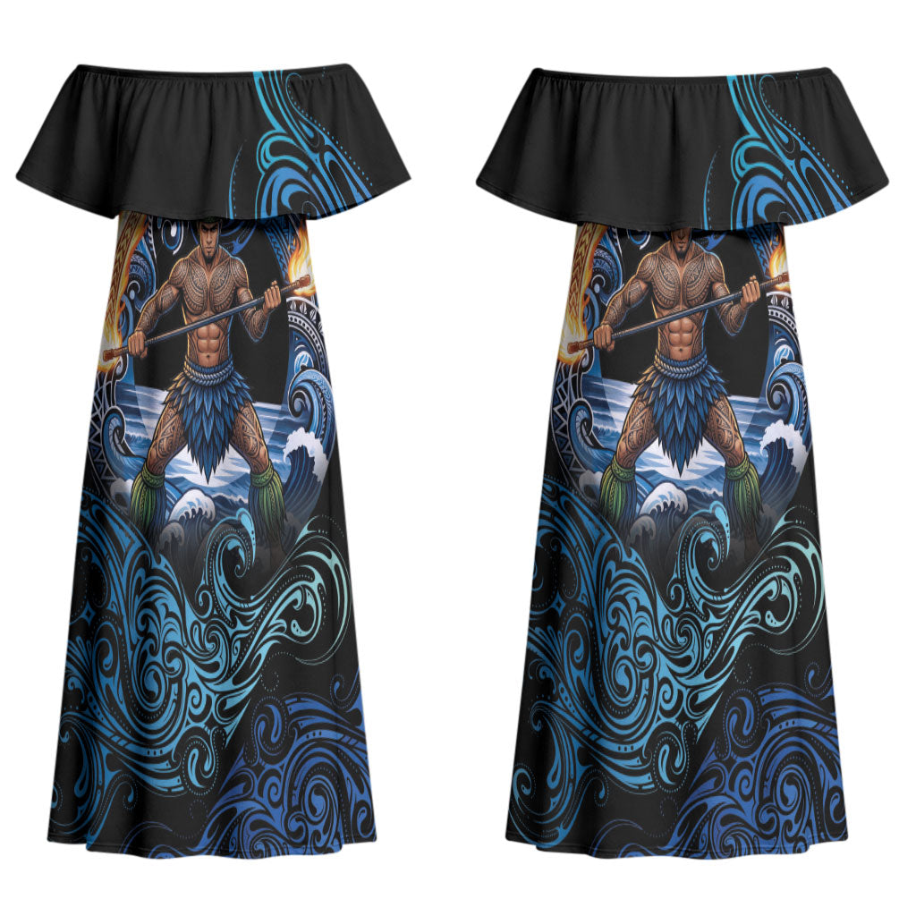 Samoa Siva Afi Couples Matching Off Shoulder Maxi Dress and Hawaiian Shirt Fireknife Fire Dance Pacific Tribal Motif