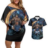 Samoa Siva Afi Couples Matching Off Shoulder Short Dress and Hawaiian Shirt Fireknife Fire Dance Pacific Tribal Motif