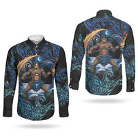 Samoa Siva Afi Couples Matching Off The Shoulder Long Sleeve Dress and Long Sleeve Button Shirt Fireknife Fire Dance Pacific Tribal Motif