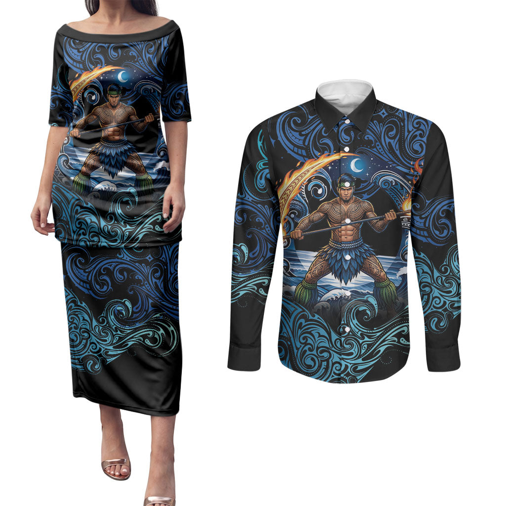 Samoa Siva Afi Couples Matching Puletasi and Long Sleeve Button Shirt Fireknife Fire Dance Pacific Tribal Motif
