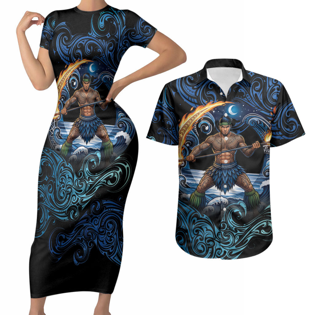 Samoa Siva Afi Couples Matching Short Sleeve Bodycon Dress and Hawaiian Shirt Fireknife Fire Dance Pacific Tribal Motif