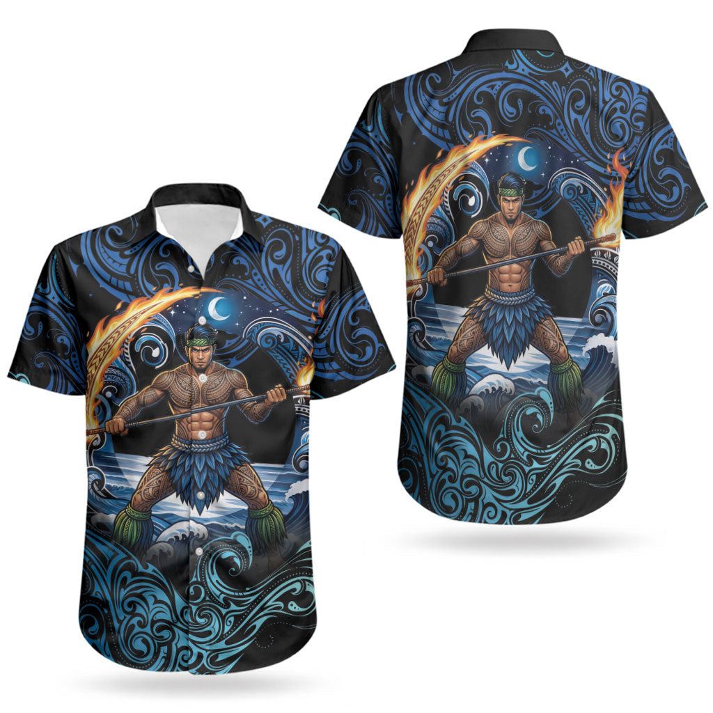 Samoa Siva Afi Couples Matching Short Sleeve Bodycon Dress and Hawaiian Shirt Fireknife Fire Dance Pacific Tribal Motif