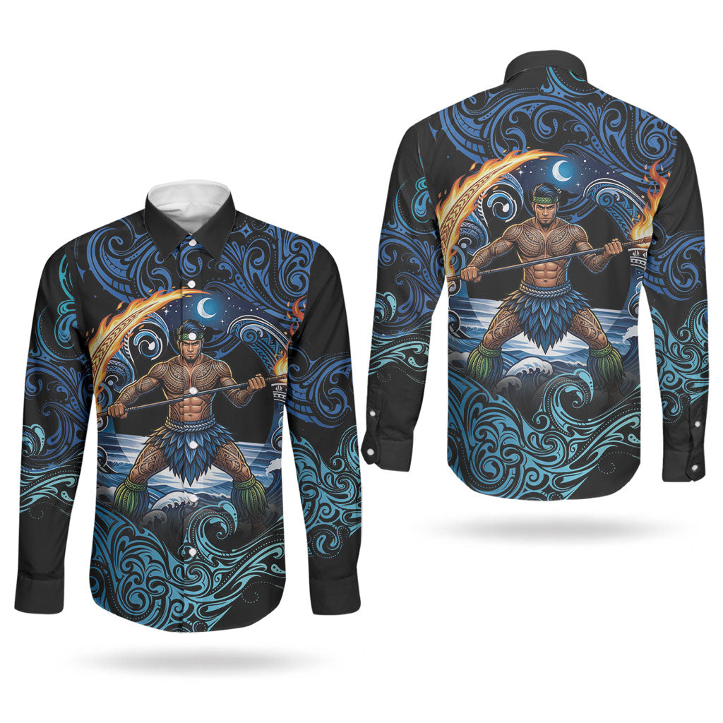 Samoa Siva Afi Couples Matching Short Sleeve Bodycon Dress and Long Sleeve Button Shirt Fireknife Fire Dance Pacific Tribal Motif