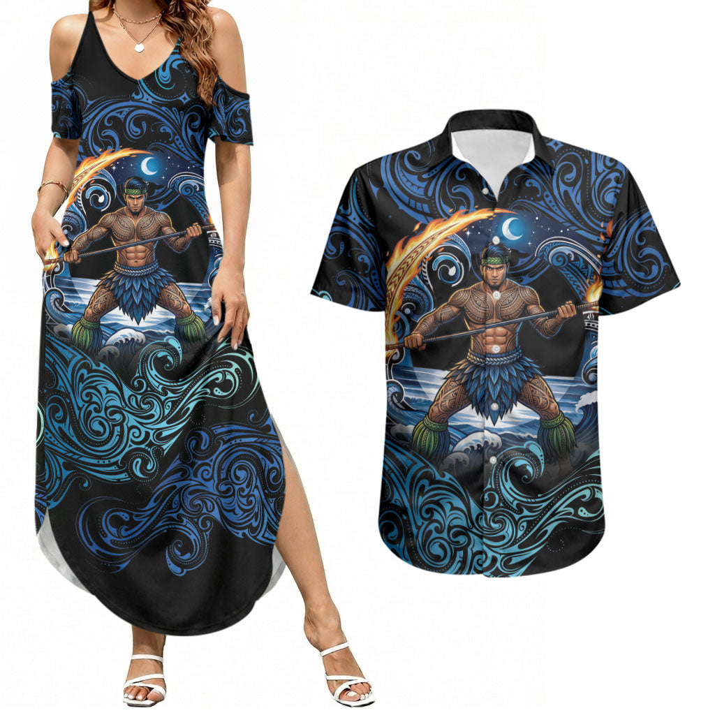 Samoa Siva Afi Couples Matching Summer Maxi Dress and Hawaiian Shirt Fireknife Fire Dance Pacific Tribal Motif