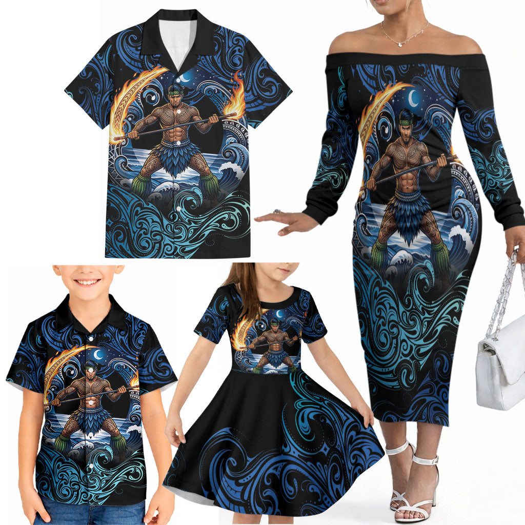 Samoa Siva Afi Family Matching Off The Shoulder Long Sleeve Dress and Hawaiian Shirt Fireknife Fire Dance Pacific Tribal Motif