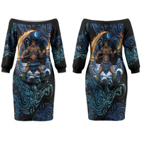 Samoa Siva Afi Family Matching Off The Shoulder Long Sleeve Dress and Hawaiian Shirt Fireknife Fire Dance Pacific Tribal Motif
