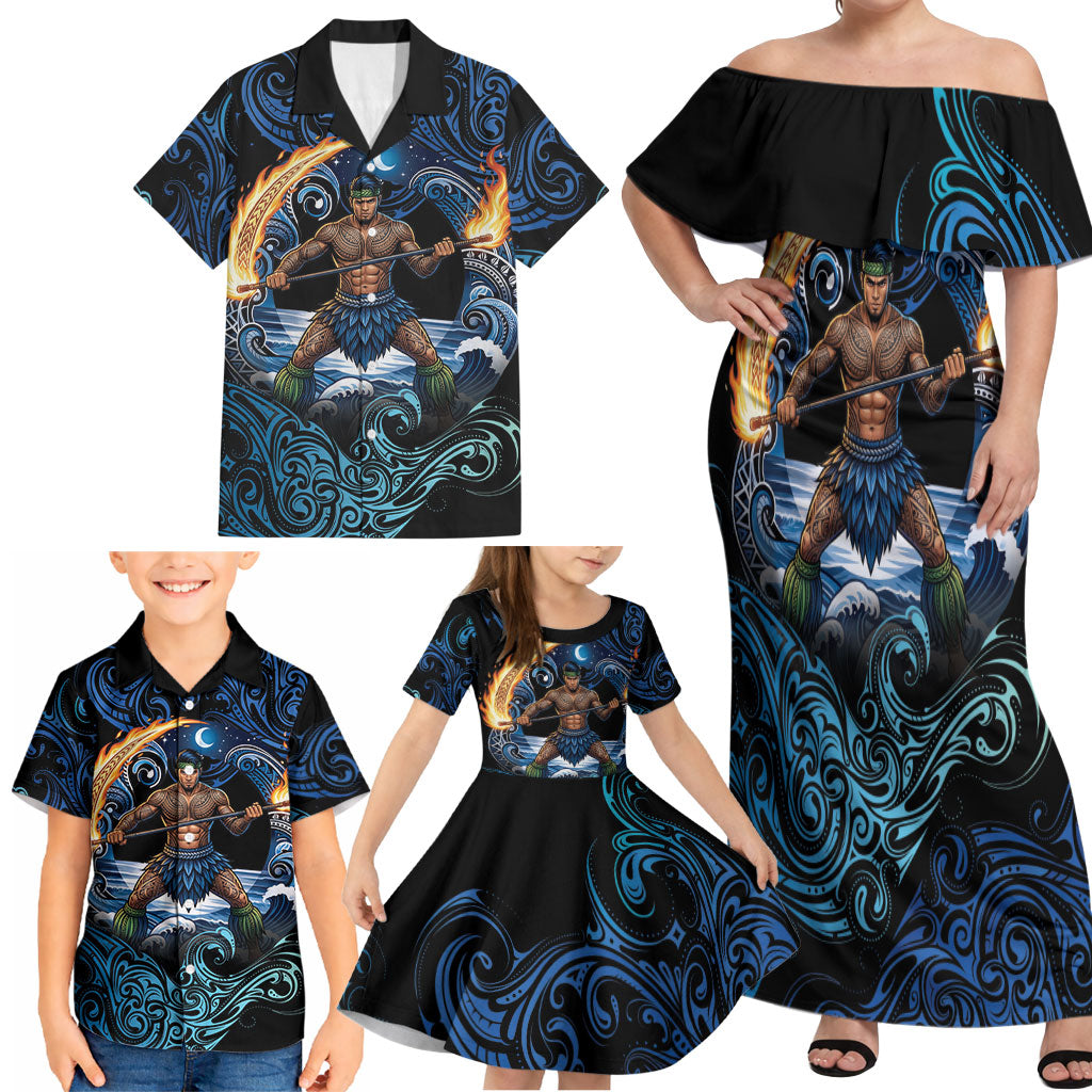 Samoa Siva Afi Family Matching Off Shoulder Maxi Dress and Hawaiian Shirt Fireknife Fire Dance Pacific Tribal Motif