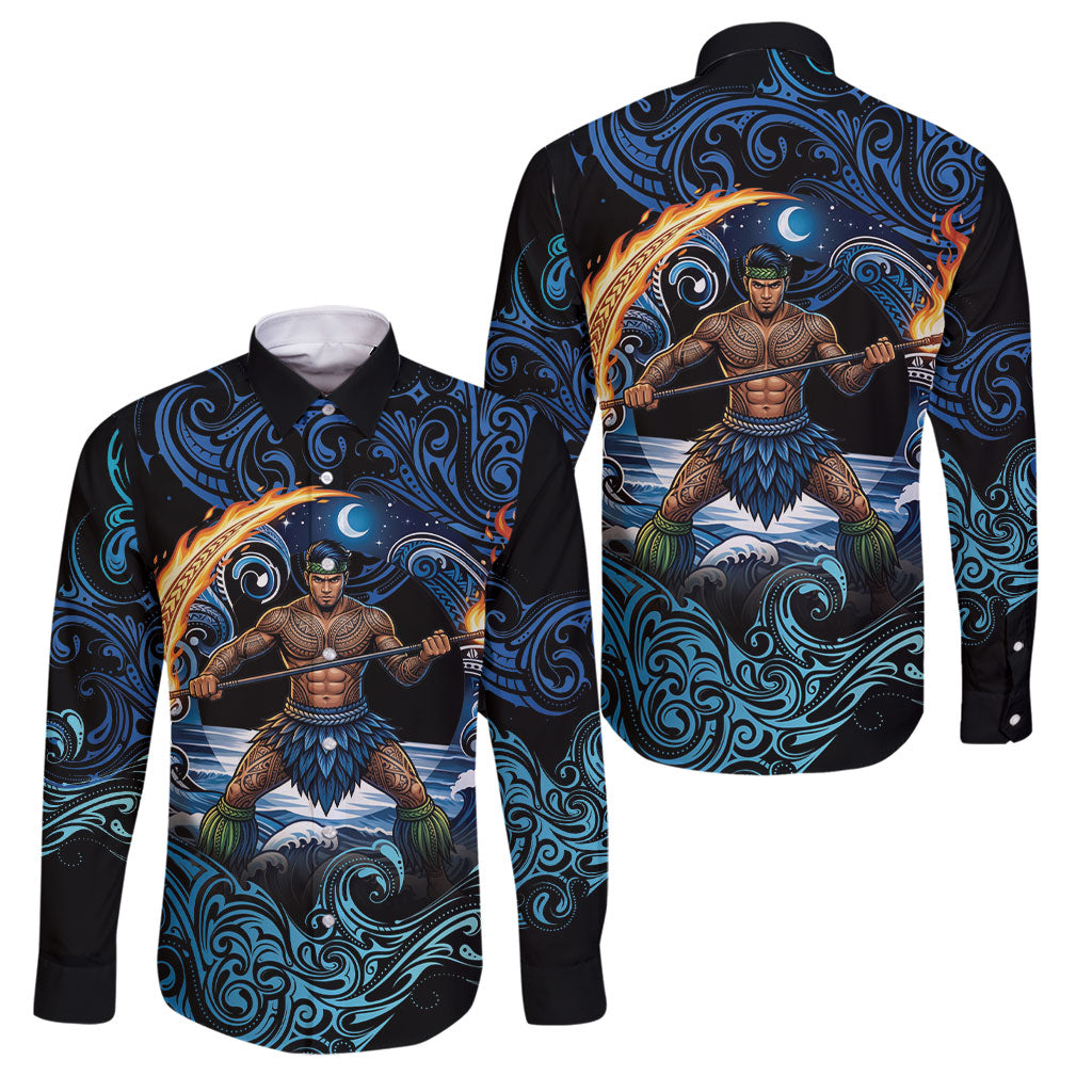 Samoa Siva Afi Family Matching Off Shoulder Maxi Dress and Hawaiian Shirt Fireknife Fire Dance Pacific Tribal Motif
