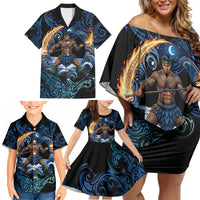 Samoa Siva Afi Family Matching Off Shoulder Short Dress and Hawaiian Shirt Fireknife Fire Dance Pacific Tribal Motif