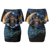 Samoa Siva Afi Family Matching Off Shoulder Short Dress and Hawaiian Shirt Fireknife Fire Dance Pacific Tribal Motif