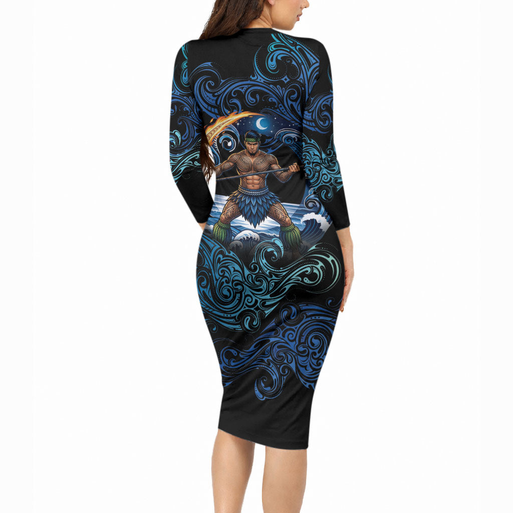 Samoa Siva Afi Long Sleeve Bodycon Dress Fireknife Fire Dance Pacific Tribal Motif