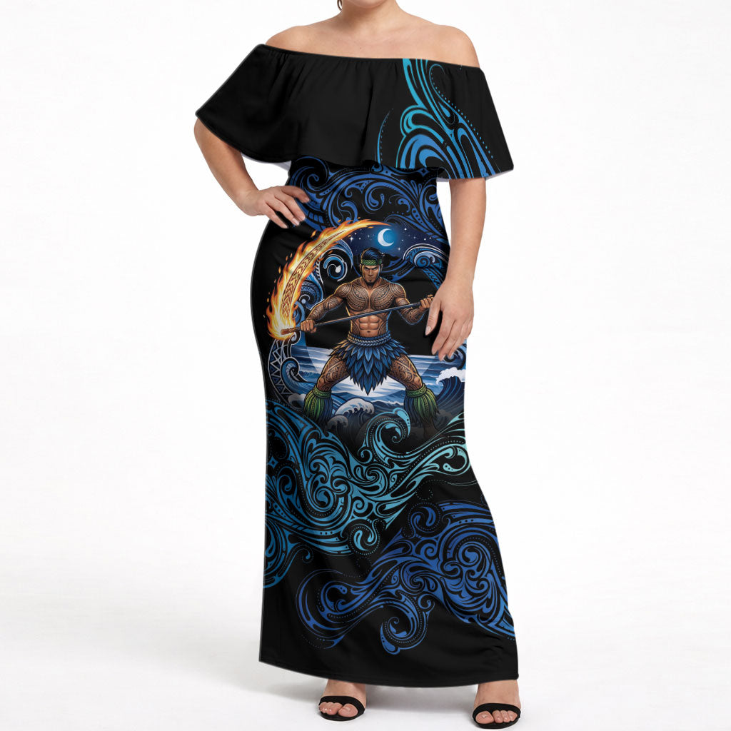 Samoa Siva Afi Off Shoulder Maxi Dress Fireknife Fire Dance Pacific Tribal Motif