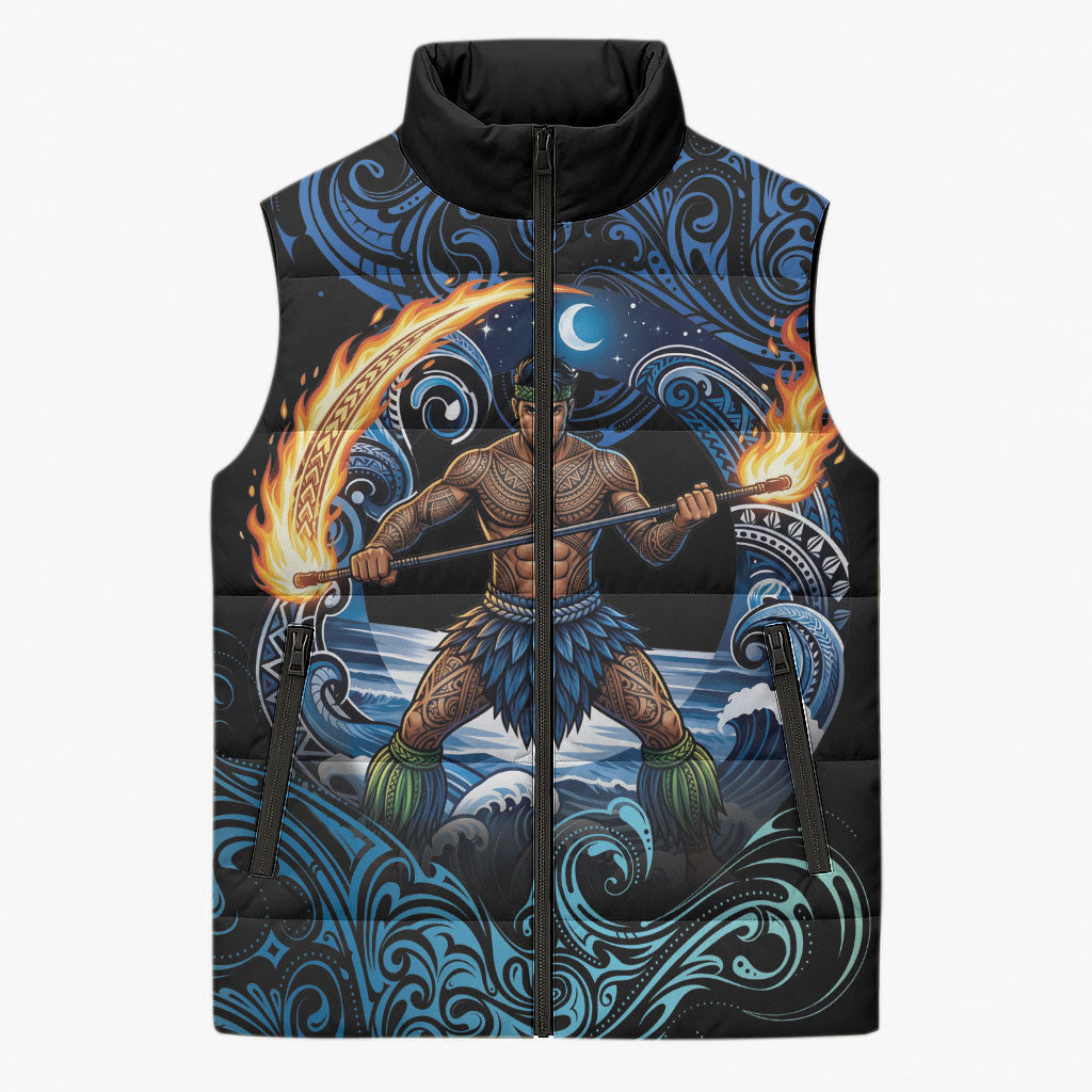 Samoa Siva Afi Sleeveless Puffer Jacket Fireknife Fire Dance Pacific Tribal Motif