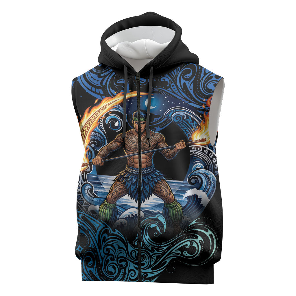 Samoa Siva Afi Sleeveless Zip Hoodie Fireknife Fire Dance Pacific Tribal Motif LT9 Blue - Polynesian Pride