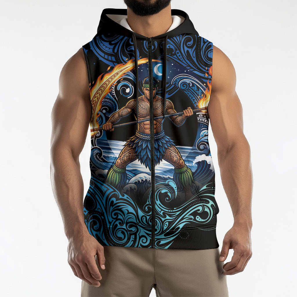 Samoa Siva Afi Sleeveless Zip Hoodie Fireknife Fire Dance Pacific Tribal Motif