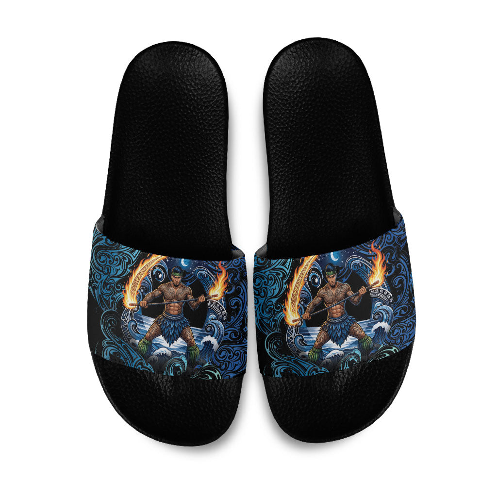 Samoa Siva Afi Slide Sandals Fireknife Fire Dance Pacific Tribal Motif LT9 Blue - Polynesian Pride