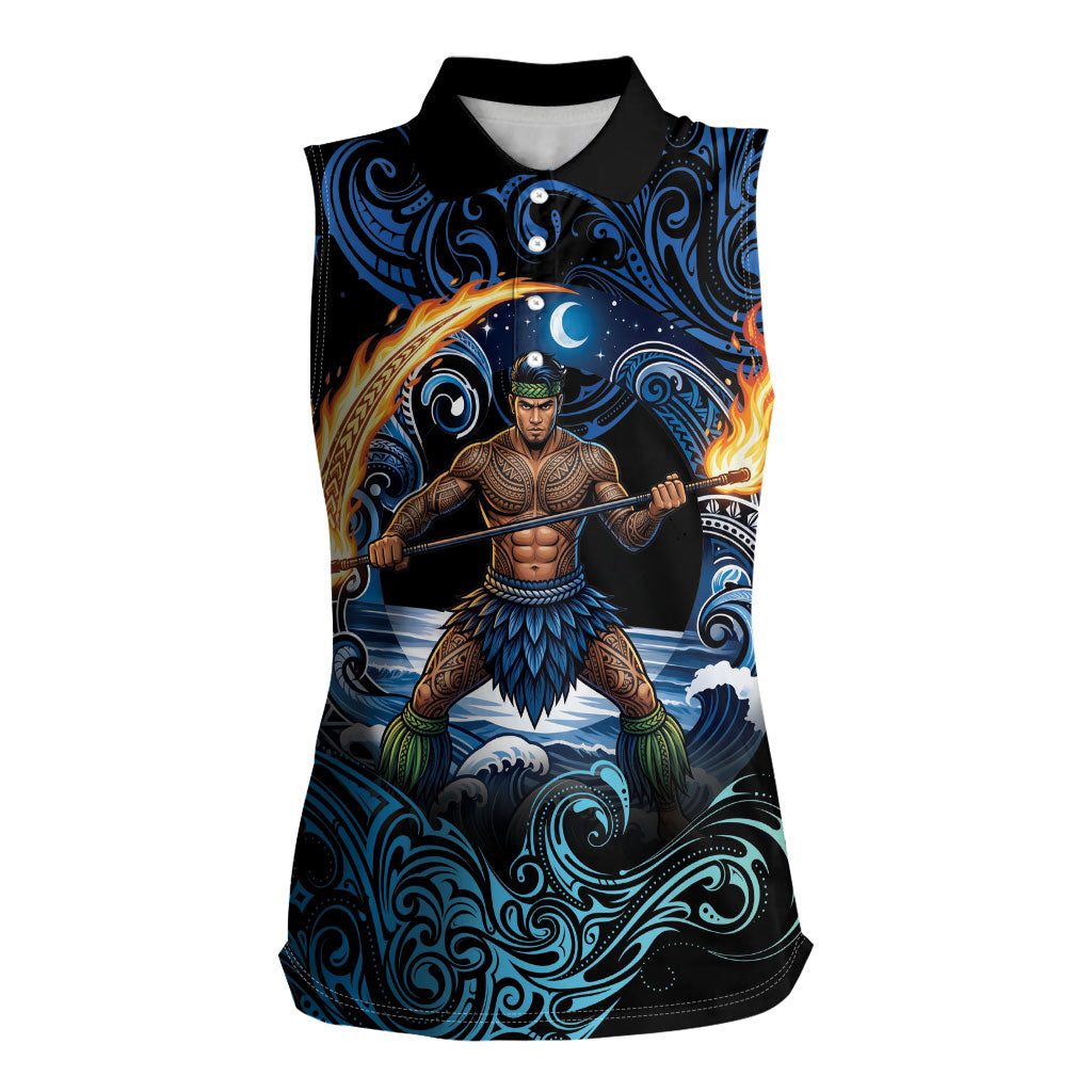 Samoa Siva Afi Women Sleeveless Polo Shirt Fireknife Fire Dance Pacific Tribal Motif