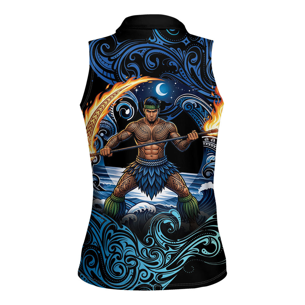Samoa Siva Afi Women Sleeveless Polo Shirt Fireknife Fire Dance Pacific Tribal Motif