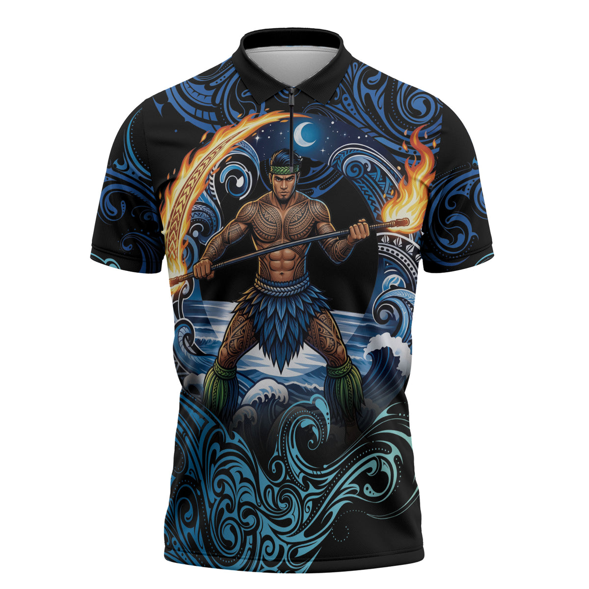 Samoa Siva Afi Zipper Polo Shirt Fireknife Fire Dance Pacific Tribal Motif