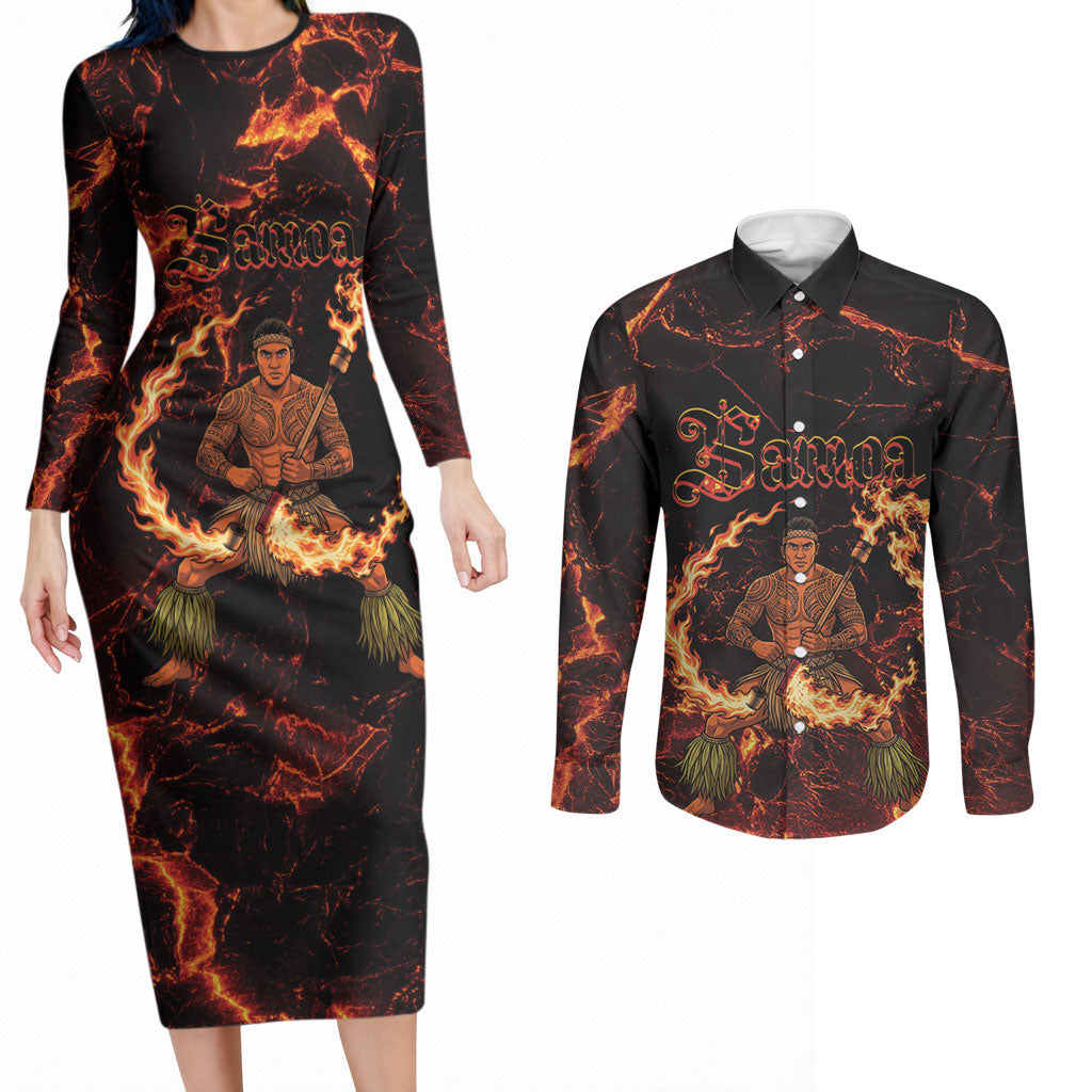 Samoa Siva Afi Dance Fireknife Couples Matching Long Sleeve Bodycon Dress and Long Sleeve Button Shirt Polynesian Heritage Fire Dance