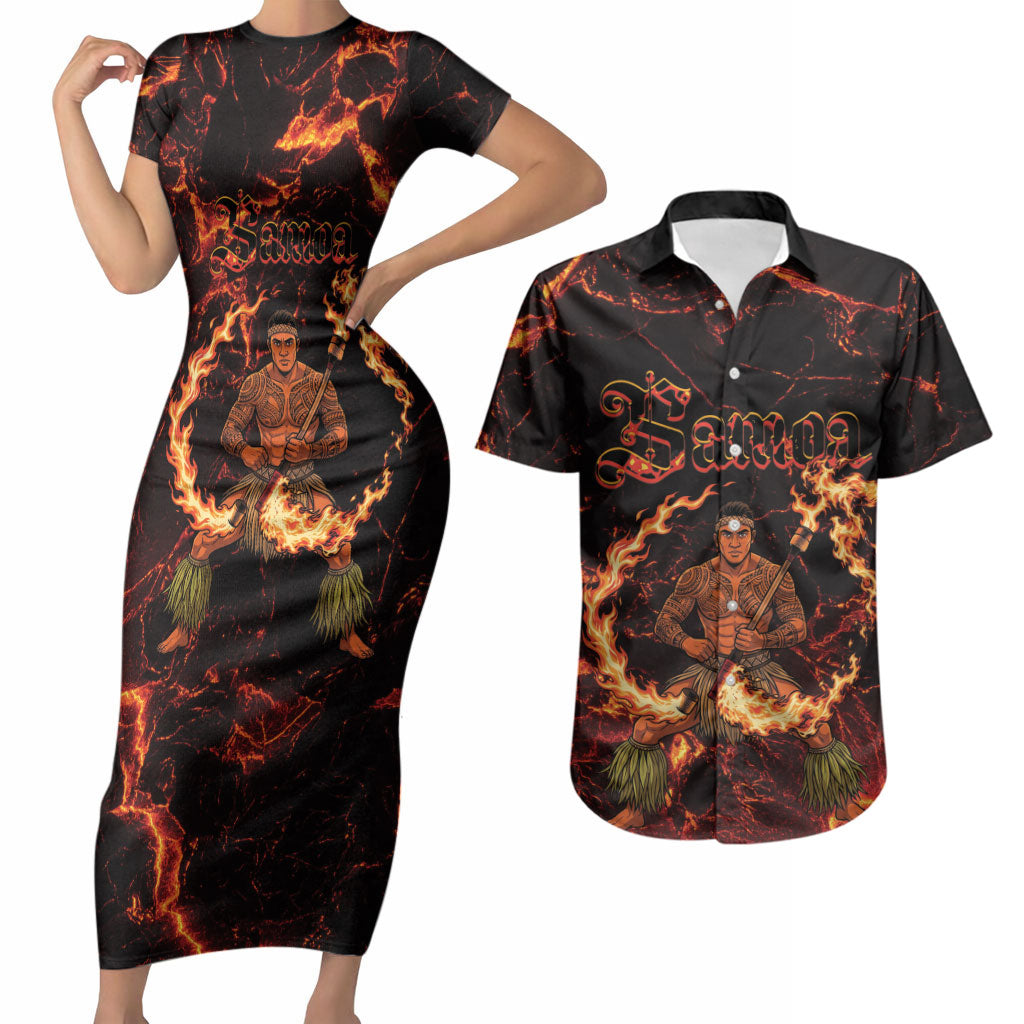 Samoa Siva Afi Dance Fireknife Couples Matching Short Sleeve Bodycon Dress and Hawaiian Shirt Polynesian Heritage Fire Dance