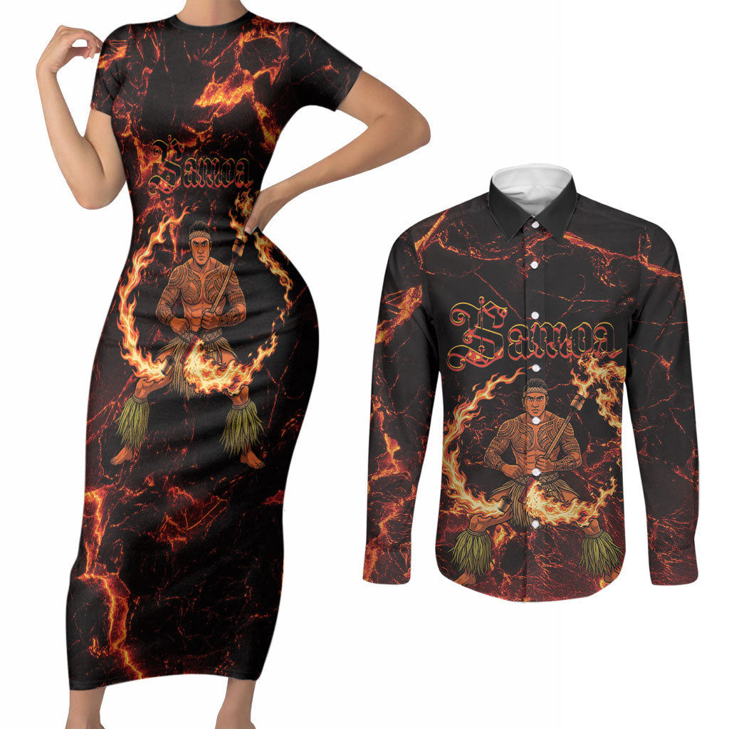 Samoa Siva Afi Dance Fireknife Couples Matching Short Sleeve Bodycon Dress and Long Sleeve Button Shirt Polynesian Heritage Fire Dance