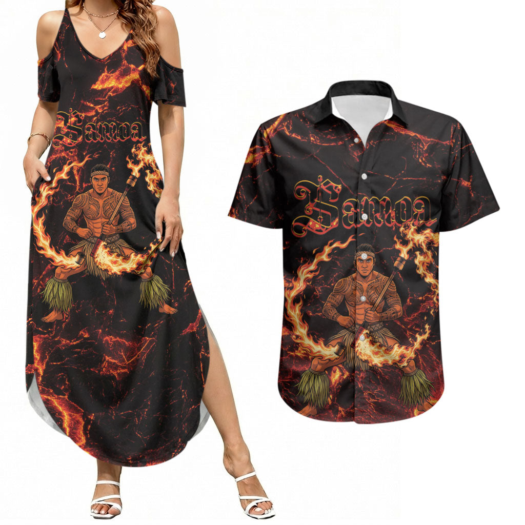 Samoa Siva Afi Dance Fireknife Couples Matching Summer Maxi Dress and Hawaiian Shirt Polynesian Heritage Fire Dance