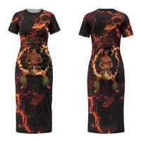 Samoa Siva Afi Dance Fireknife Family Matching Short Sleeve Bodycon Dress and Hawaiian Shirt Polynesian Heritage Fire Dance