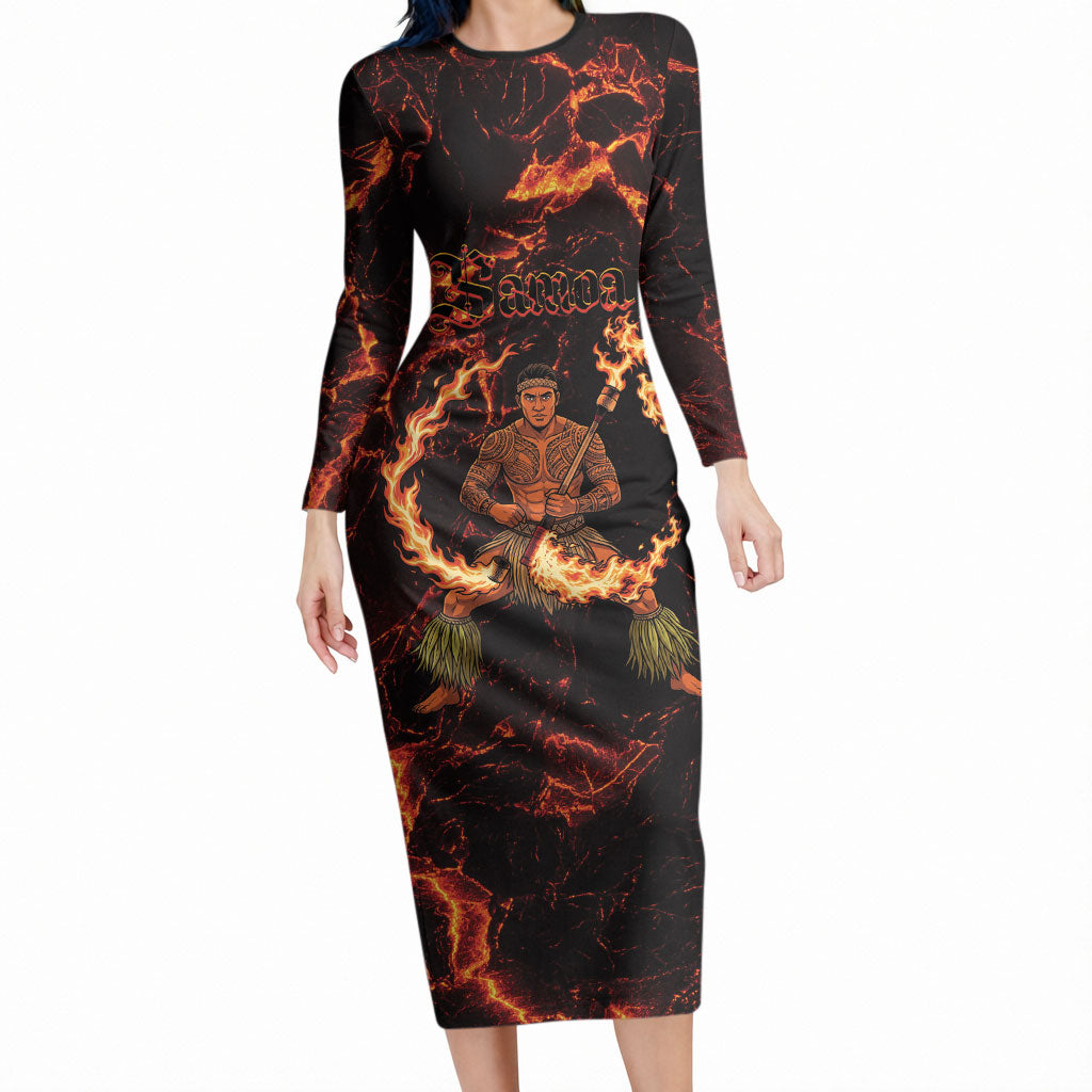 Samoa Siva Afi Dance Fireknife Long Sleeve Bodycon Dress Polynesian Heritage Fire Dance