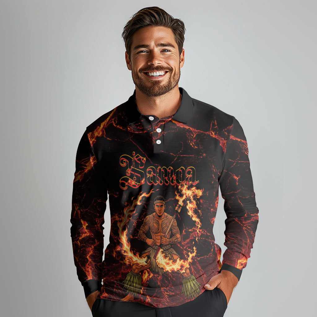 Samoa Siva Afi Dance Fireknife Long Sleeve Polo Shirt Polynesian Heritage Fire Dance