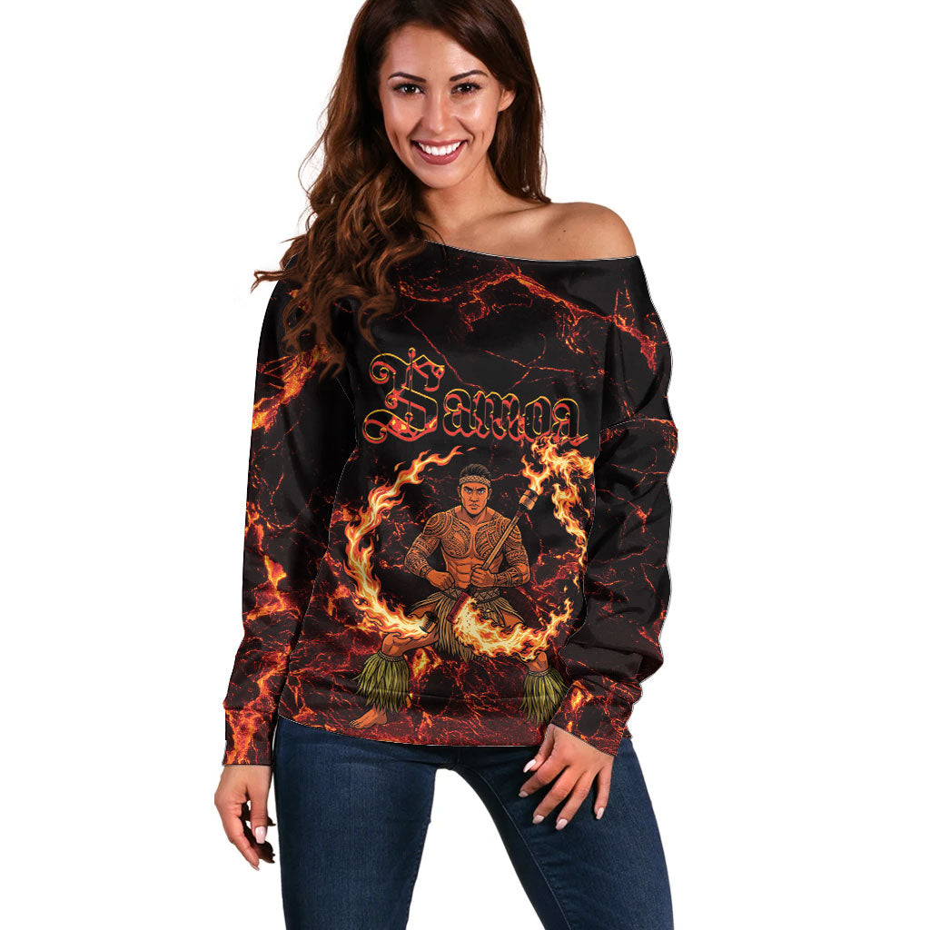 Samoa Siva Afi Dance Fireknife Off Shoulder Sweater Polynesian Heritage Fire Dance LT9 Women Black - Polynesian Pride