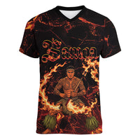 Samoa Siva Afi Dance Fireknife Women V-Neck T-Shirt Polynesian Heritage Fire Dance