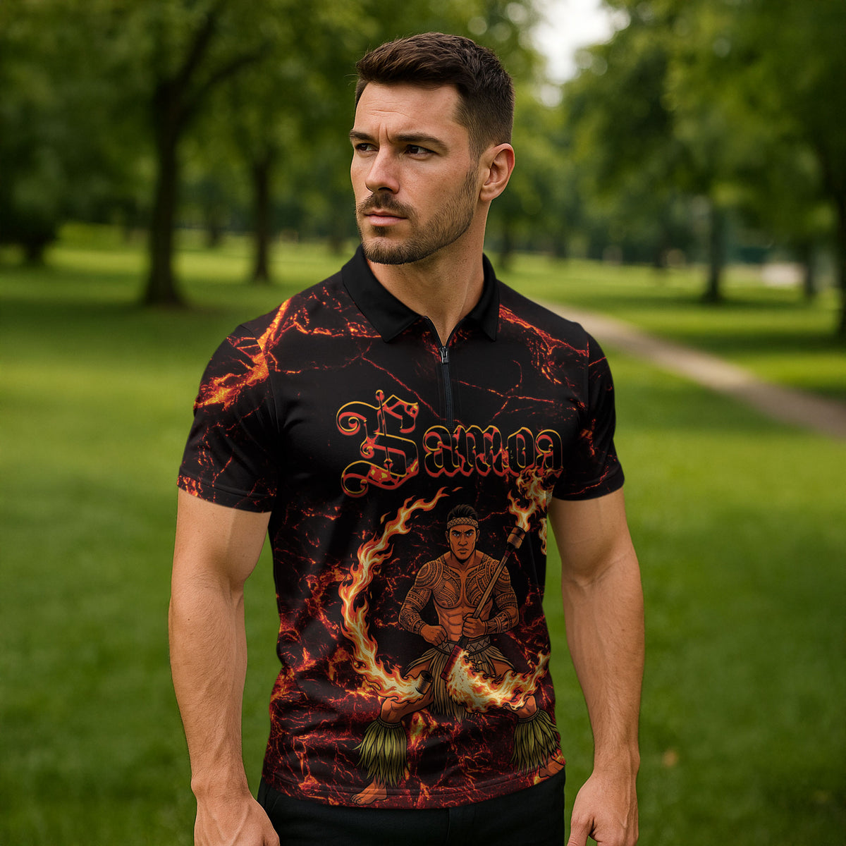 Samoa Siva Afi Dance Fireknife Zipper Polo Shirt Polynesian Heritage Fire Dance