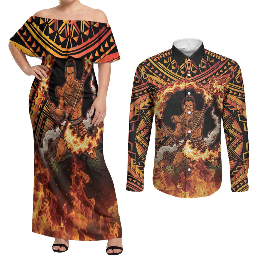 Samoa Siva Afi Dance Fireknife Couples Matching Off Shoulder Maxi Dress and Long Sleeve Button Shirt Samoan Tribal Motif Dancing in the Fire