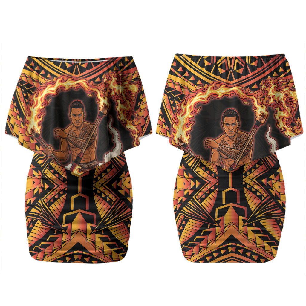 Samoa Siva Afi Dance Fireknife Couples Matching Off Shoulder Short Dress and Hawaiian Shirt Samoan Tribal Motif Dancing in the Fire