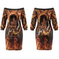 Samoa Siva Afi Dance Fireknife Couples Matching Off The Shoulder Long Sleeve Dress and Hawaiian Shirt Samoan Tribal Motif Dancing in the Fire