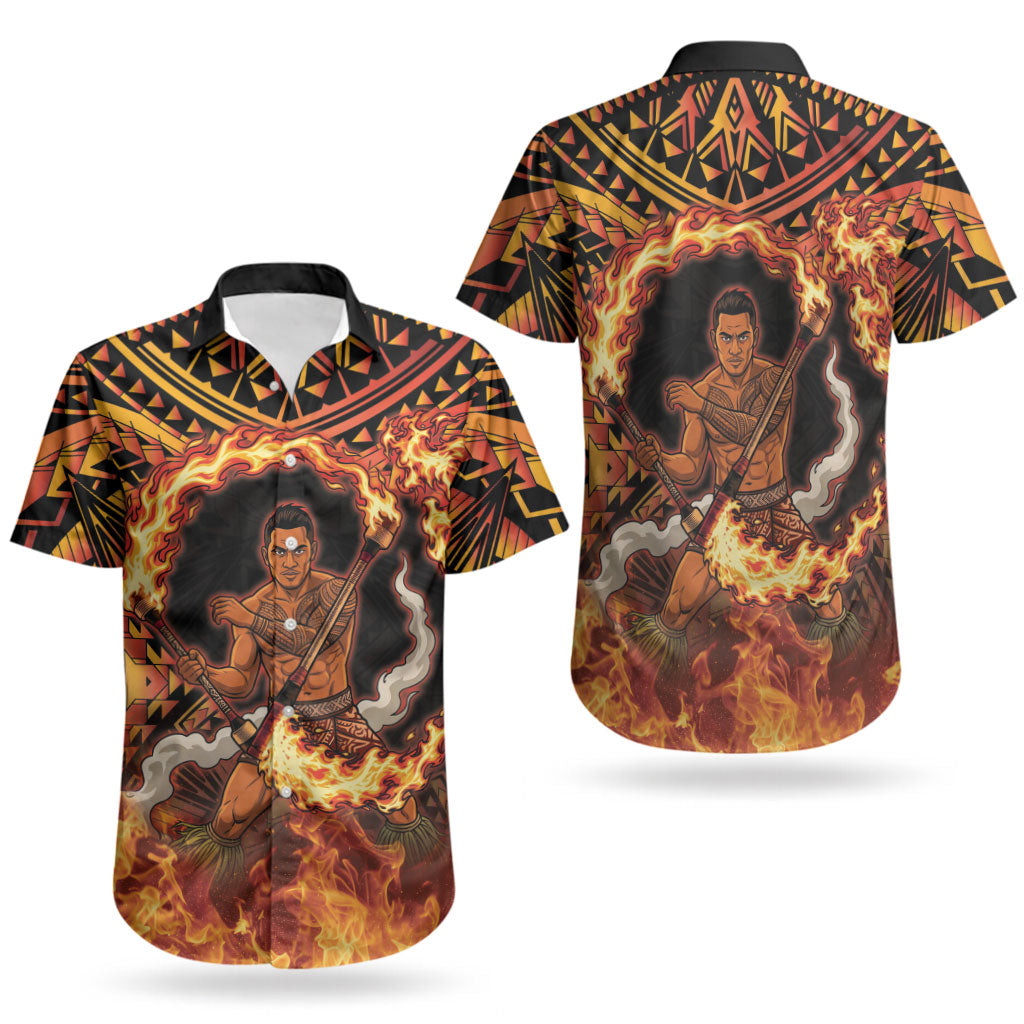 Samoa Siva Afi Dance Fireknife Couples Matching Puletasi and Hawaiian Shirt Samoan Tribal Motif Dancing in the Fire