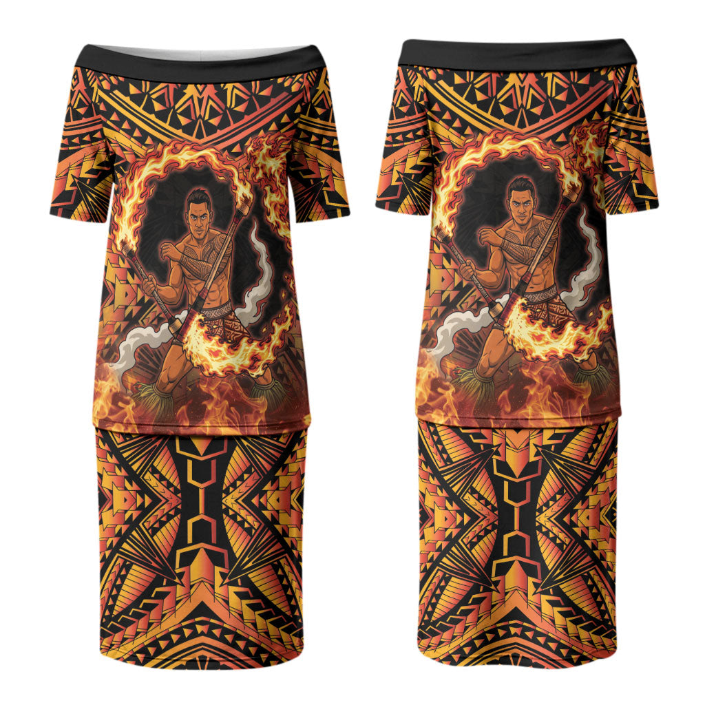 Samoa Siva Afi Dance Fireknife Couples Matching Puletasi and Hawaiian Shirt Samoan Tribal Motif Dancing in the Fire