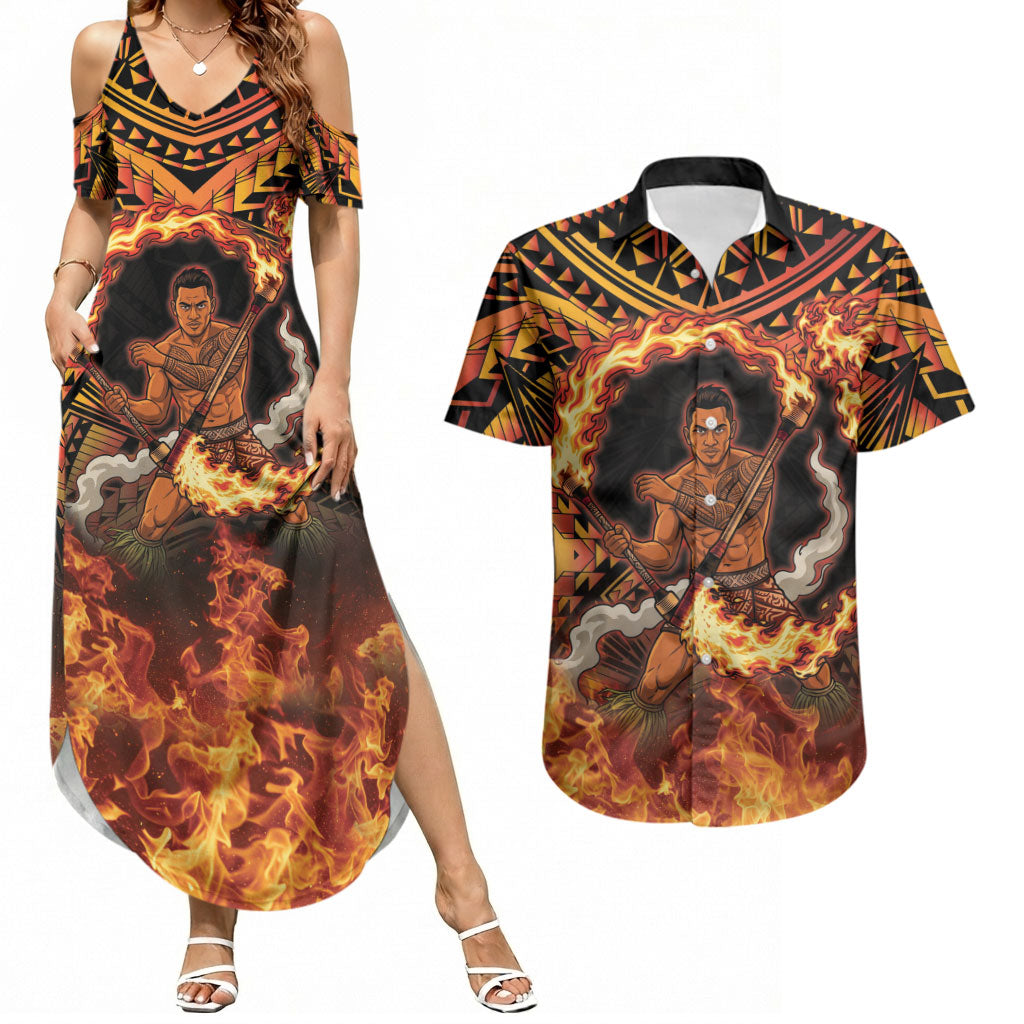 Samoa Siva Afi Dance Fireknife Couples Matching Summer Maxi Dress and Hawaiian Shirt Samoan Tribal Motif Dancing in the Fire