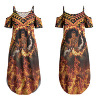 Samoa Siva Afi Dance Fireknife Couples Matching Summer Maxi Dress and Hawaiian Shirt Samoan Tribal Motif Dancing in the Fire