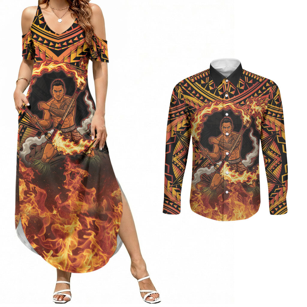 Samoa Siva Afi Dance Fireknife Couples Matching Summer Maxi Dress and Long Sleeve Button Shirt Samoan Tribal Motif Dancing in the Fire