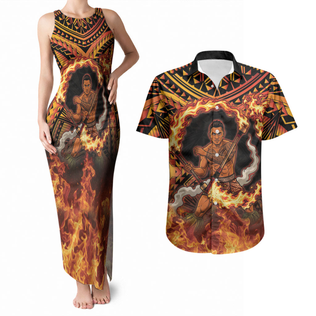 Samoa Siva Afi Dance Fireknife Couples Matching Tank Maxi Dress and Hawaiian Shirt Samoan Tribal Motif Dancing in the Fire
