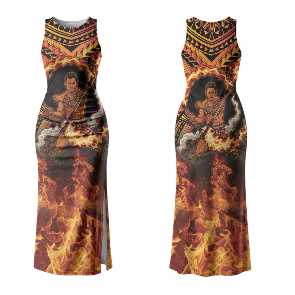 Samoa Siva Afi Dance Fireknife Couples Matching Tank Maxi Dress and Hawaiian Shirt Samoan Tribal Motif Dancing in the Fire