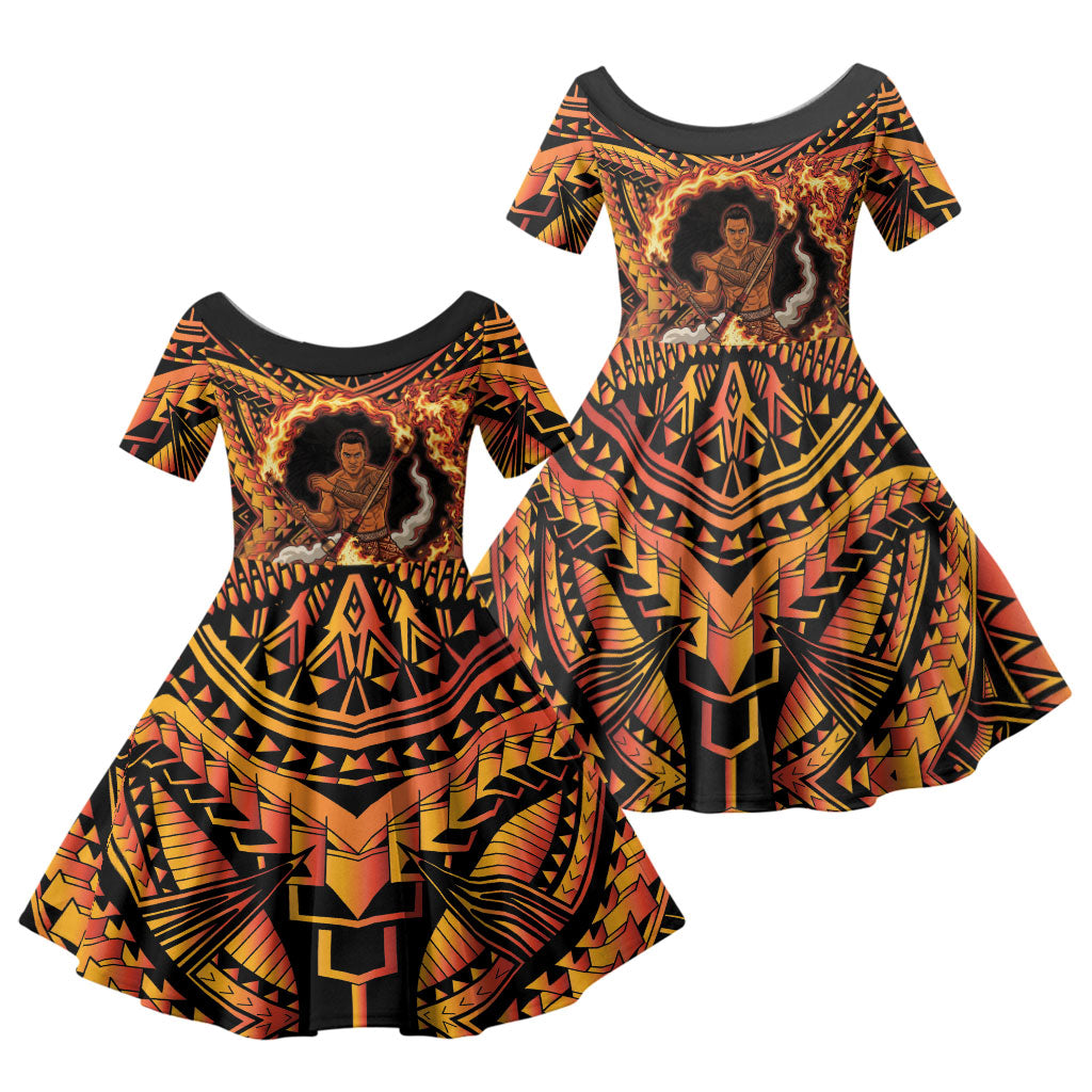 Samoa Siva Afi Dance Fireknife Family Matching Long Sleeve Bodycon Dress and Hawaiian Shirt Samoan Tribal Motif Dancing in the Fire